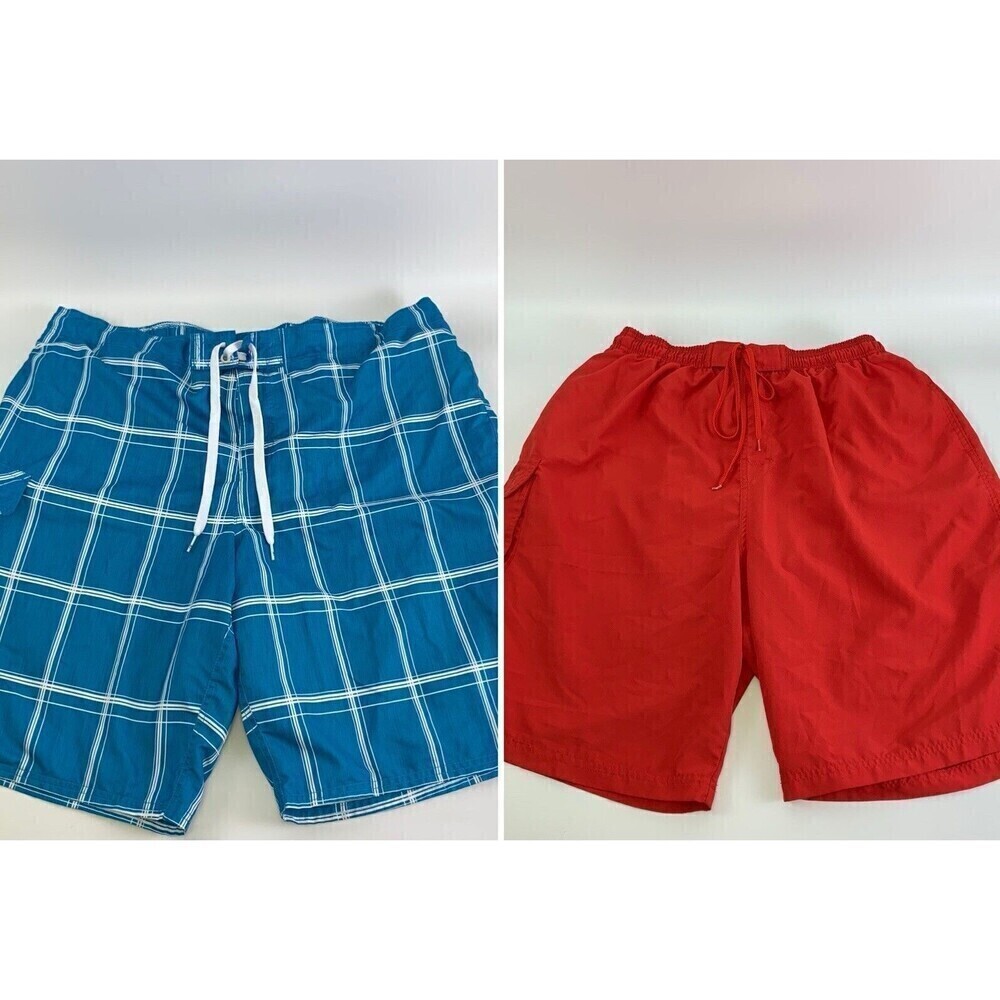 Lot of 2 Swim Trunks OP Ocean Pacific Blue Plaid Dolfin Red Drawstring Mens XXL